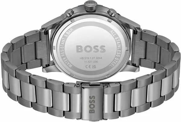 Attache bracelet Hugo Boss 1514034 en acier gris avec fermoir déployant signé, maillons satinés et polis alternés