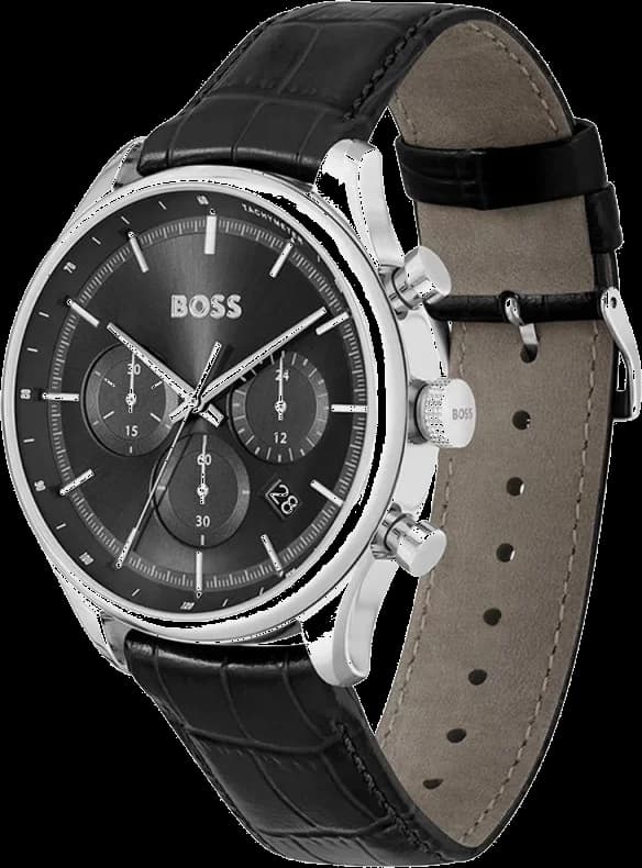 Visage cadran Hugo Boss 1514049 avec index bâtons appliqués, aiguilles luminescentes, guichet date à 3h et minuterie minute