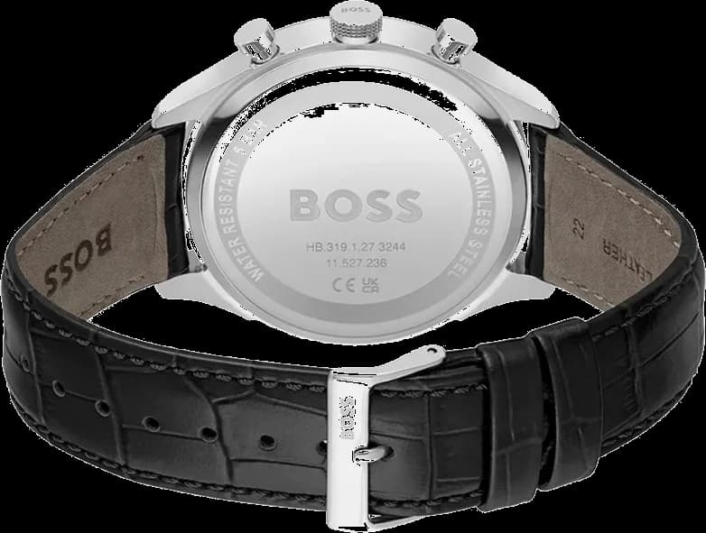 Attache bracelet Hugo Boss 1514049 en cuir noir cousu, boucle ardillon en acier inoxydable brossé, surpiqûres contrastées