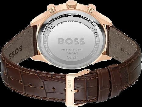 Attache bracelet Hugo Boss 1514050 en cuir marron cousu main, boucle ardillon en acier brossé, surpiqué contrastant beige