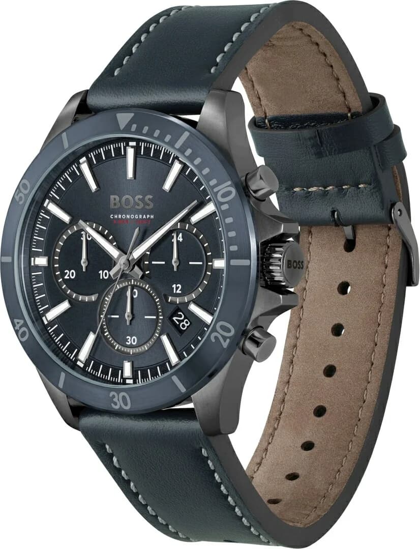 Visage cadran Hugo Boss 1514056 complications chronographe, totalisateurs 30 min et 12h, aiguille centrale trotteuse rouge