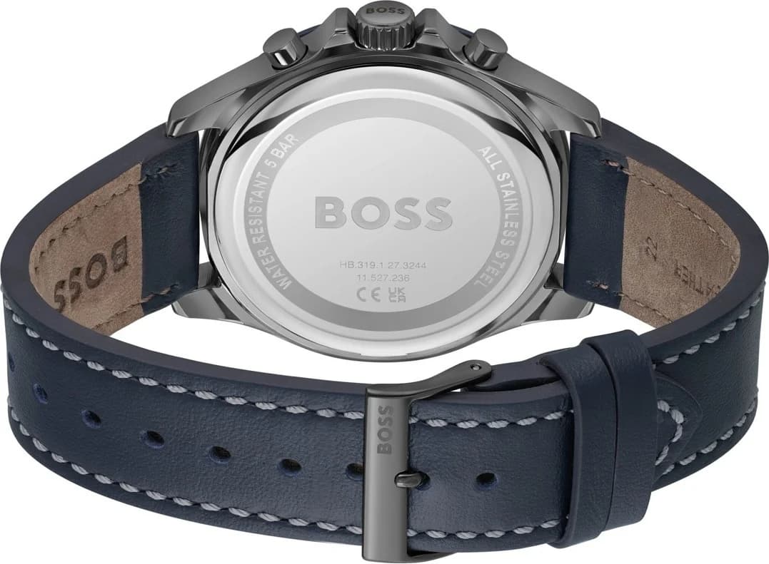 Attache bracelet Hugo Boss 1514056 en cuir bleu grainé, coutures contrastées, boucle ardillon acier inoxydable