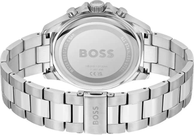 Attache bracelet Hugo Boss 1514057 en acier argenté à triple maille, fermoir déployant double sécurité avec poussoirs et gravure Hugo Boss