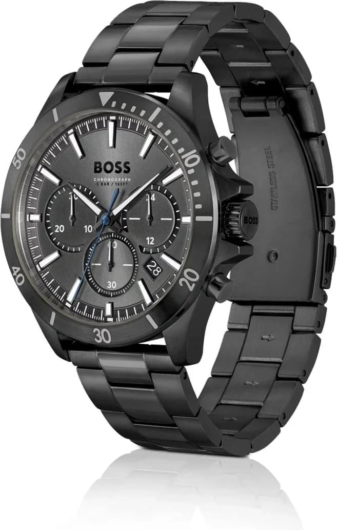 Visage cadran Hugo Boss 1514058 révèle index bâtons et compteurs à 3h-6h-9h pour chronographe et date