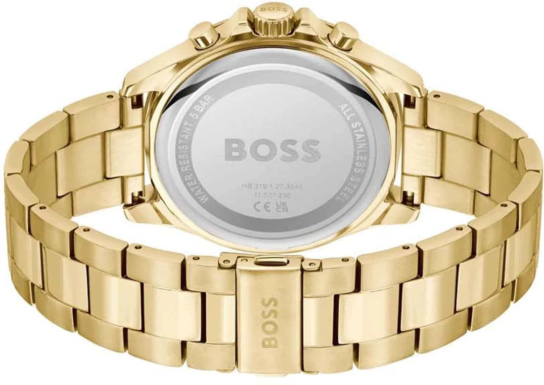 Attache bracelet Hugo Boss 1514059 en acier inoxydable doré, fermoir déployant triple sécurité, maillons ajustables
