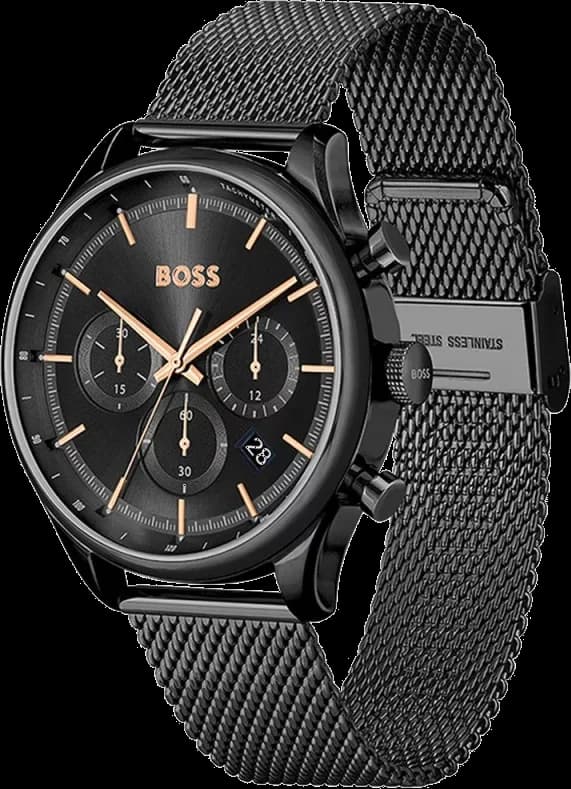 Visage cadran Hugo Boss 1514065 avec index appliqués argentés, aiguilles dauphine, guichet date à 3h, lisibilité optimale