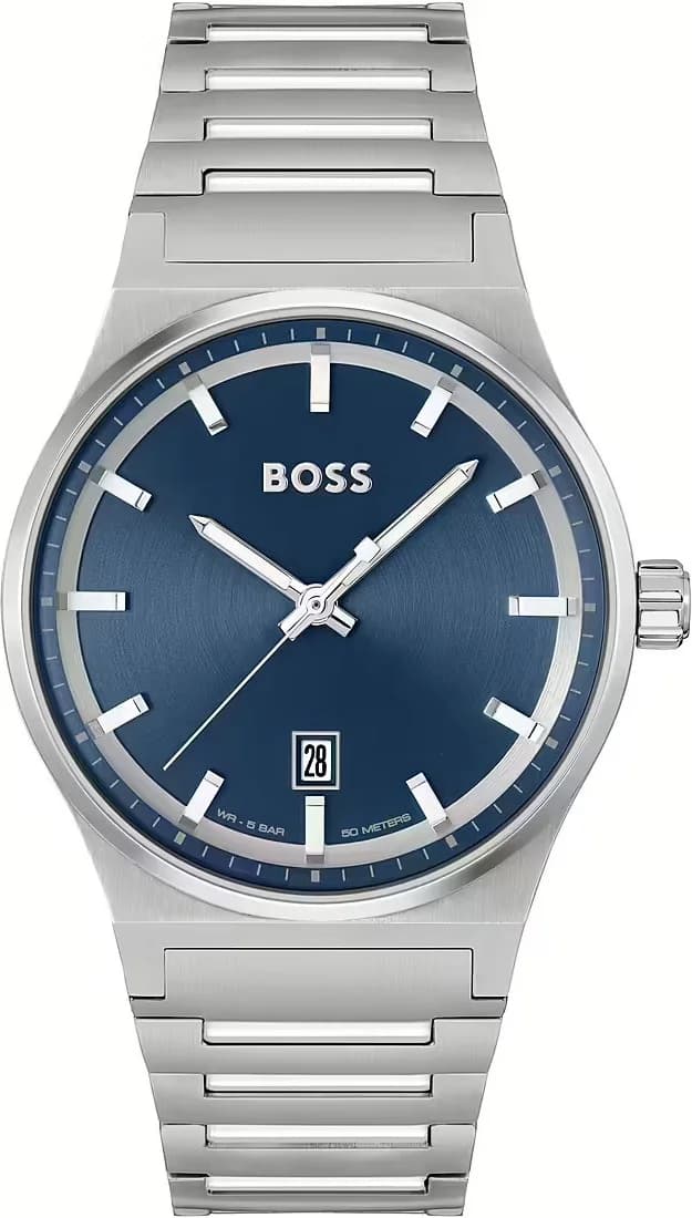 Garde-temps Hugo Boss 1514076 dévoile cadran bleu soleil avec aiguilles argentées et index bâtons, style élégant et sportif