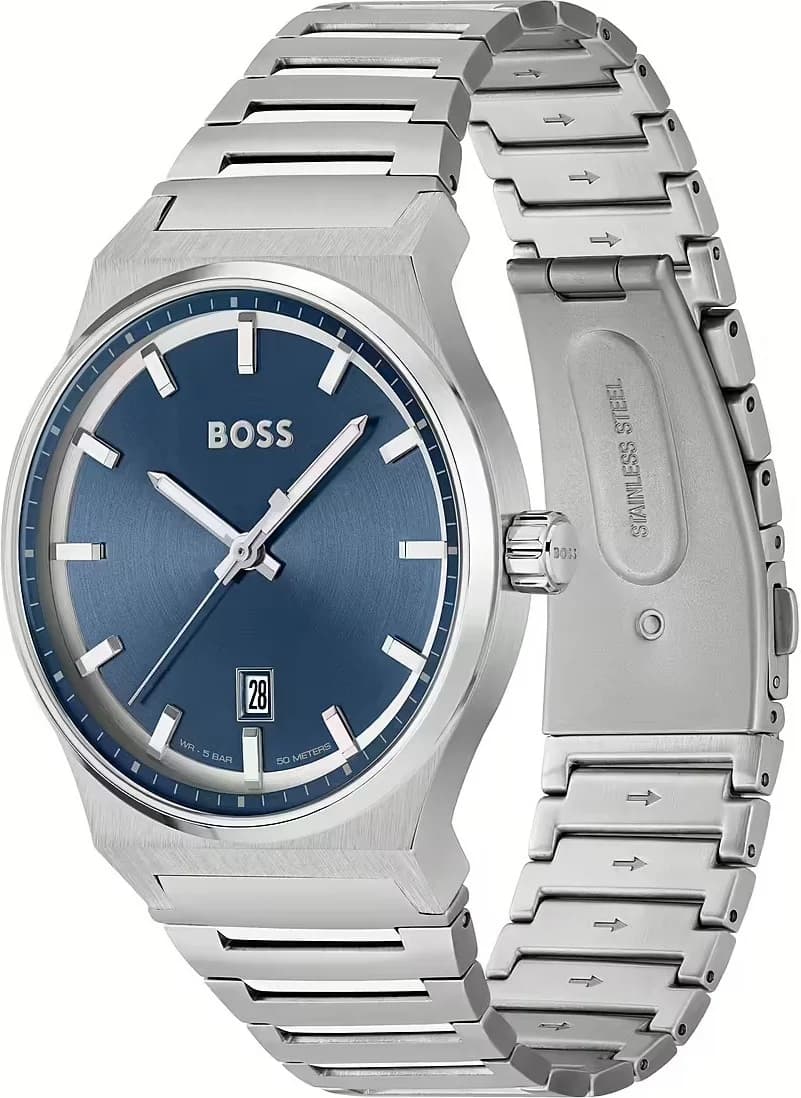 Visage cadran Hugo Boss 1514076 présente index appliqués, aiguilles facettées et guichet date à 3h, lisibilité optimale