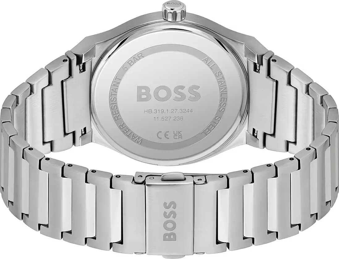 Attache bracelet Hugo Boss 1514076 en acier inoxydable brossé avec fermoir déployant triple, confort et sécurité renforcés