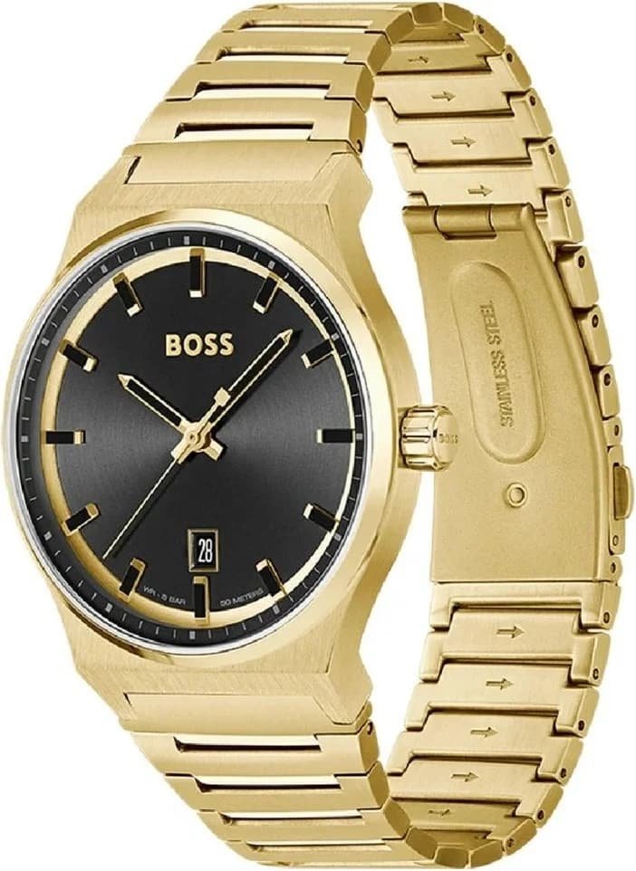 Visage cadran Hugo Boss 1514077 aux index bâtons appliqués, aiguilles dauphine et guichet date à 3h