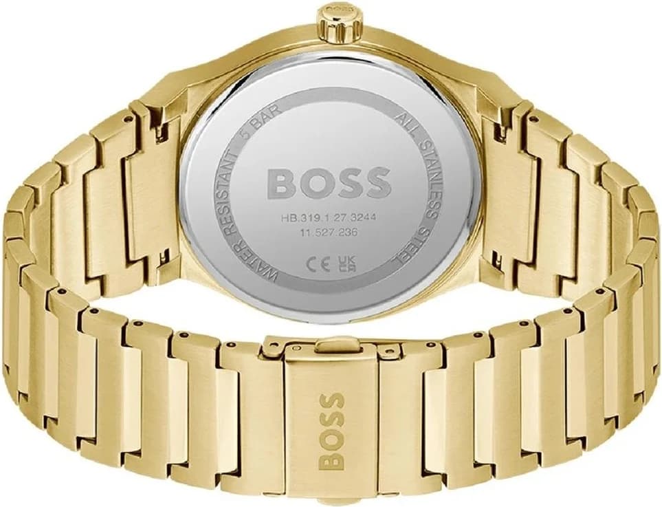 Attache bracelet Hugo Boss 1514077 en acier doré à triple boucle déployante, maillons polis et satinés