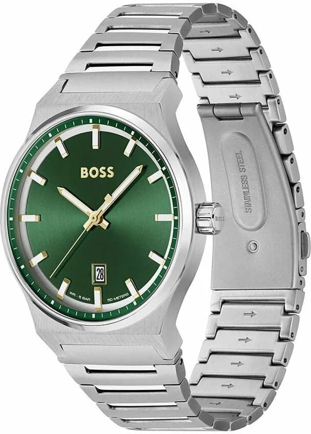 Visage cadran Hugo Boss 1514079 avec index appliqués, aiguilles rhodiées, date à 3h, finition soleillée