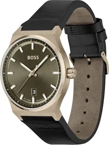 Visage cadran Hugo Boss 1514080 avec index appliqués bâtons et aiguilles bâton luminescents sur fond noir, date à 3h