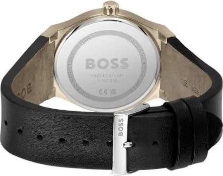 Attache bracelet Hugo Boss 1514080 en cuir noir cousu, boucle ardillon en acier bronze assorti au boîtier