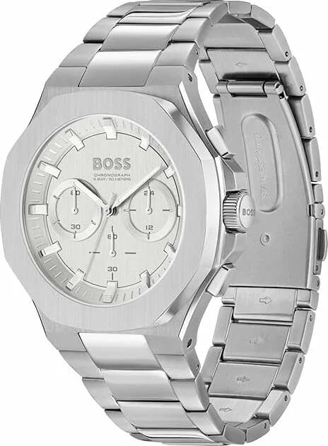 Visage cadran Hugo Boss 1514087 présentant compteurs chronographe 24h et date à 4h30, échelle tachymétrique excentrée