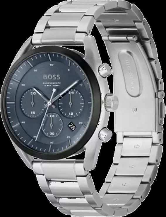 Visage cadran Hugo Boss 1514093 avec index bâtons argentés, aiguilles luminescentes et guichet date à 3h