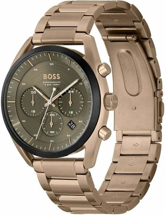 Visage cadran Hugo Boss 1514094 où index appliqués et aiguilles dauphine animent le vert kaki