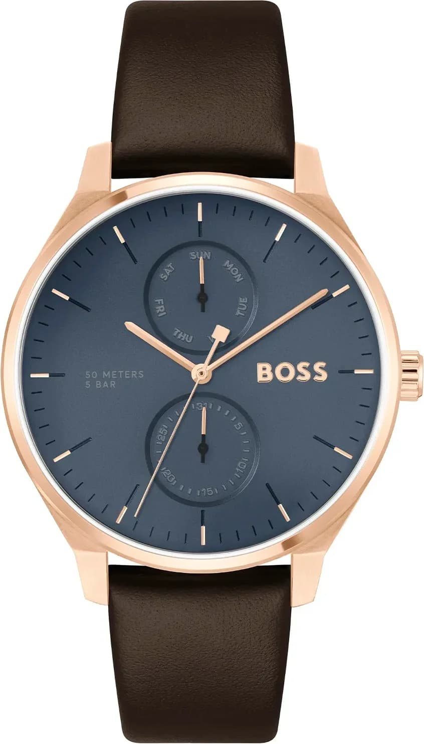 Garde-temps Hugo Boss 1514103 avec cadran bleu soleil, aiguilles bâton et index appliqués sur fond bleu profond