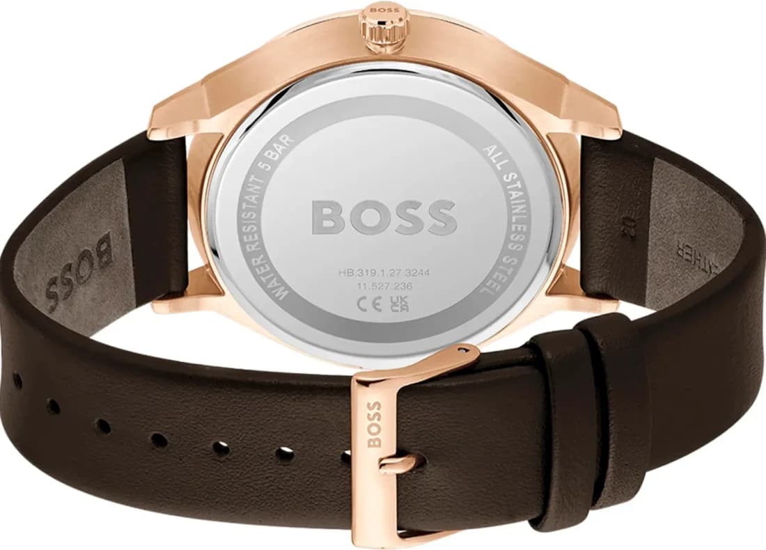Attache bracelet Hugo Boss 1514103 en cuir marron avec surpiqûres contrastées et boucle ardillon en acier inoxydable