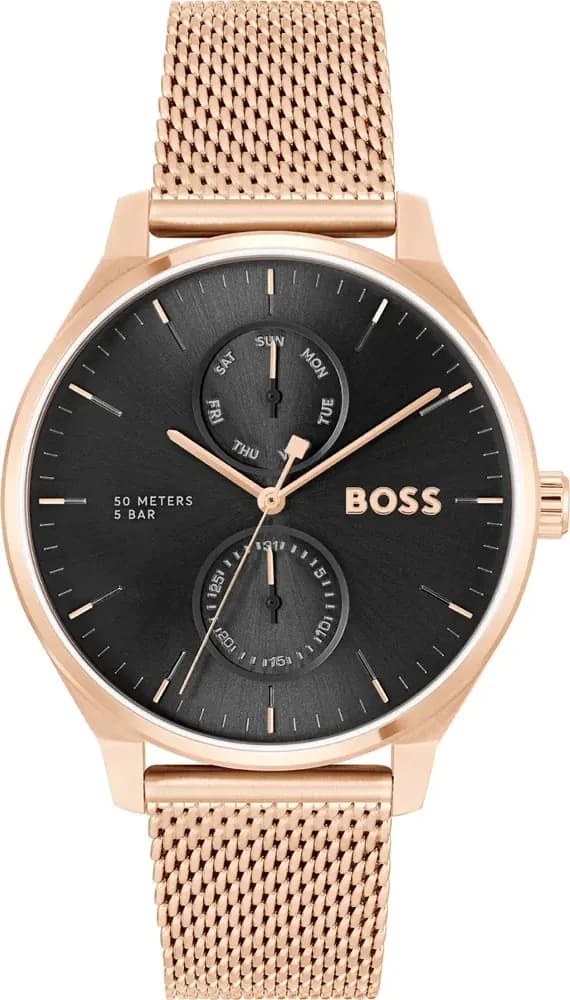 Garde-temps Hugo Boss 1514104 au cadran noir soleillé, aiguilles et index bâtons en or rose, style élégant et sportif