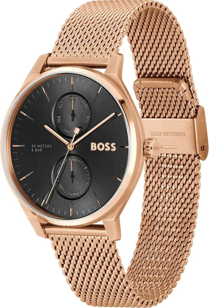 Visage cadran Hugo Boss 1514104 avec index appliqués, aiguilles squelettées et guichet date à 3h, contraste or sur noir
