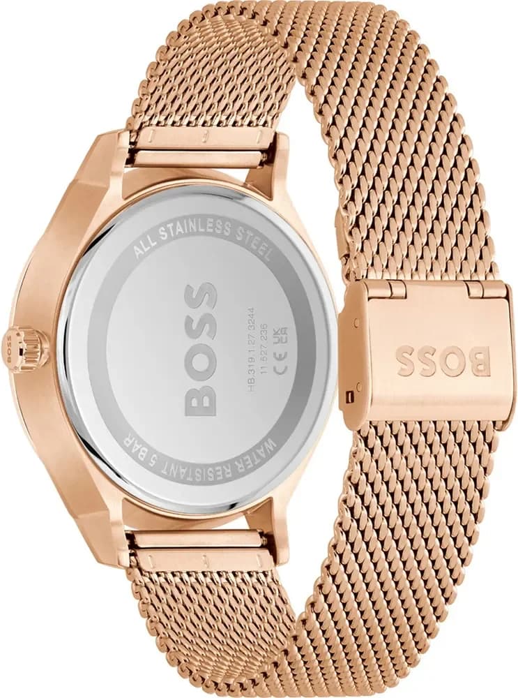 Attache bracelet Hugo Boss 1514104 en acier inoxydable et or rose PVD, fermoir déployant double sécurité, maillons mixtes polis-satinés