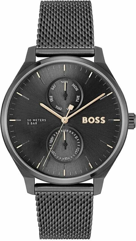 Garde-temps Hugo Boss 1514105 avec cadran noir soleillé, aiguilles bâton rhodiées et index appliqués pour une lisibilité optimale