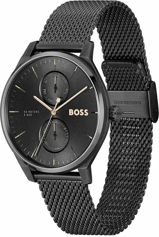 Visage cadran Hugo Boss 1514105 doté de guichet date à 3h, aiguilles luminescentes et index bâton polis sur fond noir mat