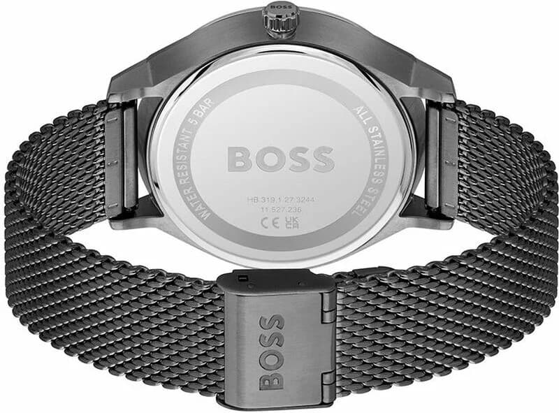 Attache bracelet Hugo Boss 1514105 en maille milanaise acier inoxydable 316L avec fermoir déployant double sécurité et finition satinée
