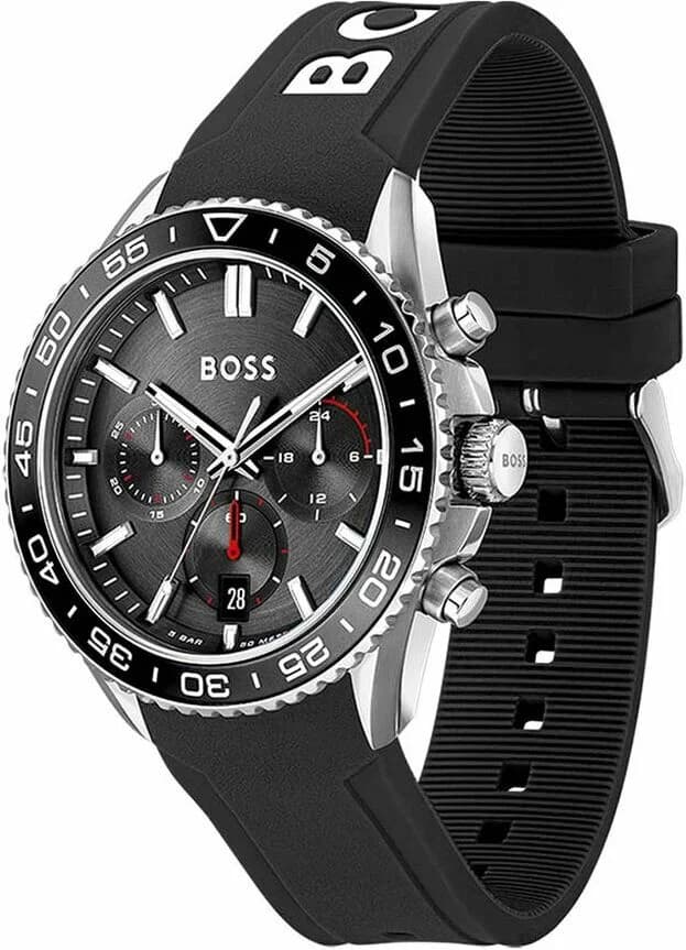 Visage cadran Hugo Boss 1514141 affichant compteurs 24h, 30min et 60sec, aiguilles luminescentes et date à 4h30