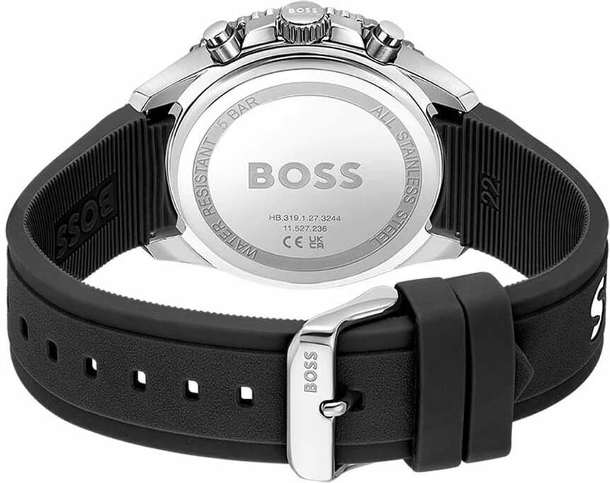 Attache bracelet Hugo Boss 1514141 en silicone noir texturé, boucle ardillon en acier brossé, fermeture sécurisée
