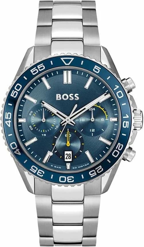 Garde-temps Hugo Boss 1514143 arborant un cadran bleu soleil avec index appliques et trois compteurs multifonctions sur fond bleu électrique