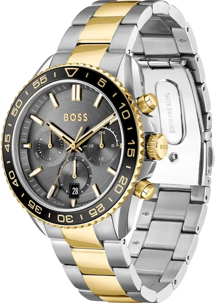 Visage cadran Hugo Boss 1514144 offrant index bâtons argentés, aiguilles luminescentes et date à 3h