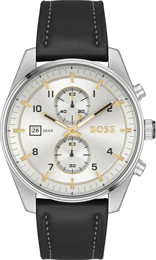 Garde-temps Hugo Boss 1514147 chronographe acier brossé cadran noir soleillé compteurs blancs et aiguilles luminescentes