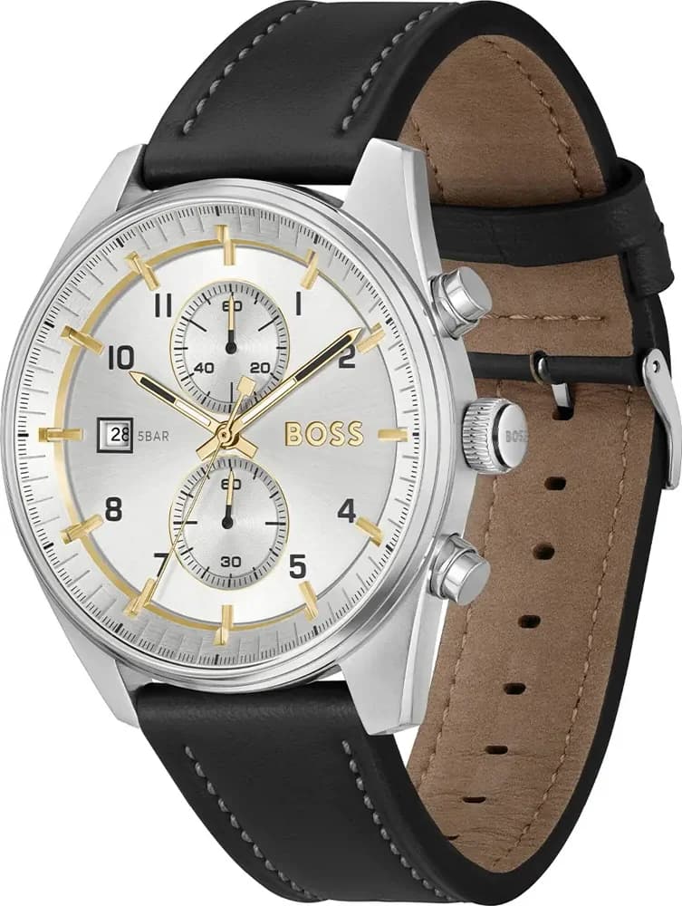 Visage cadran Hugo Boss 1514147 avec index appliques bâtons, guichet date à 4h30 et aiguilles polies bâton type aviateur