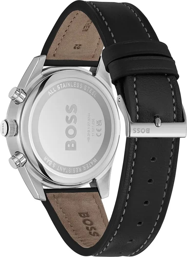 Attache bracelet Hugo Boss 1514147 en cuir noir cousu contrasté, boucle ardillon acier signée Hugo Boss, largeur 22mm