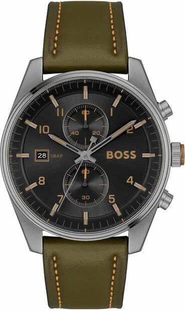Garde-temps Hugo Boss 1514148 avec cadran kaki soleillé, compteurs chronographe, aiguilles bâtons et date à 4h30, style aviation moderne