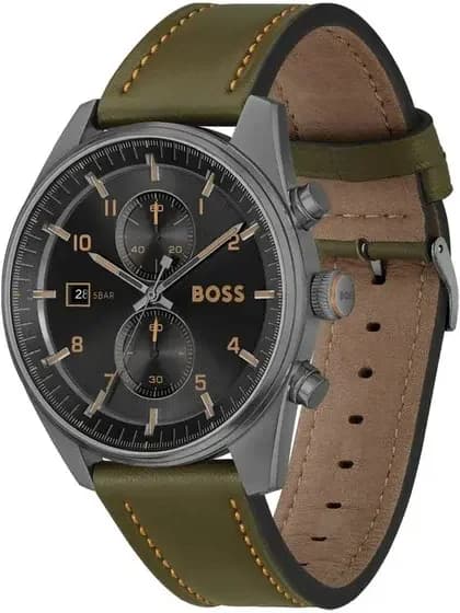 Visage cadran Hugo Boss 1514148 aux index appliques argentés, aiguilles luminescentes, guichet date et sous-cadrans noir sur fond kaki