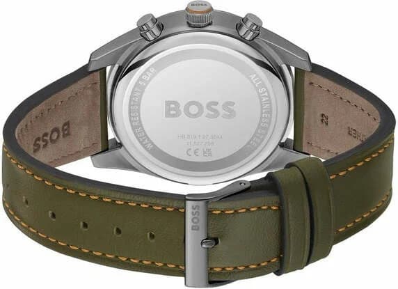 Attache bracelet Hugo Boss 1514148 en cuir kaki cousu ton sur ton, boucle déployante acier inoxydable, finition matelassée et surpiqûres contrastées