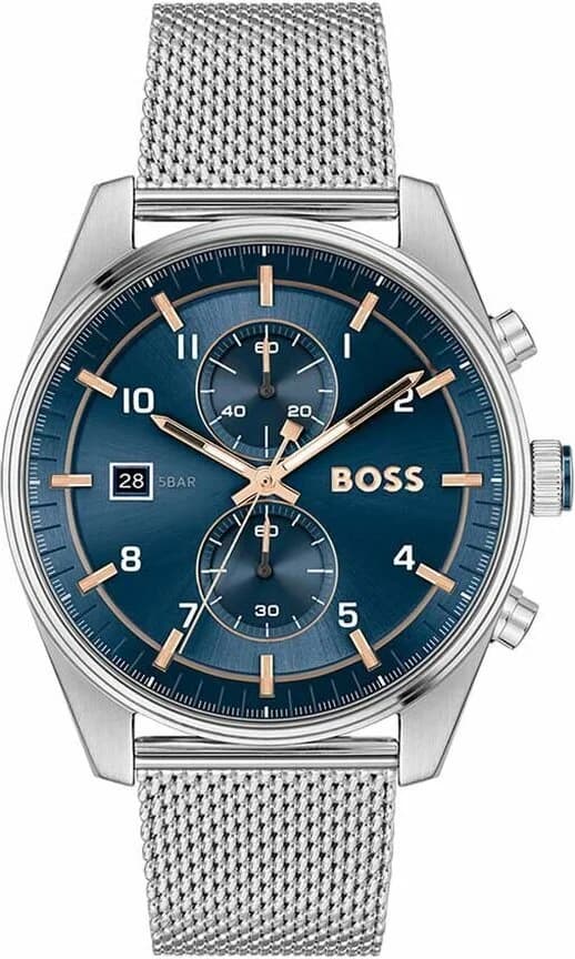 Garde-temps Hugo Boss 1514149 avec cadran bleu soleillé, acier argenté brossé et index appliqués pour lisibilité maximale