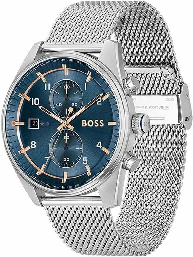 Visage cadran Hugo Boss 1514149 affiche index bâtons polis, aiguilles luminescentes et guichet date à 3h sur fond bleu texturé