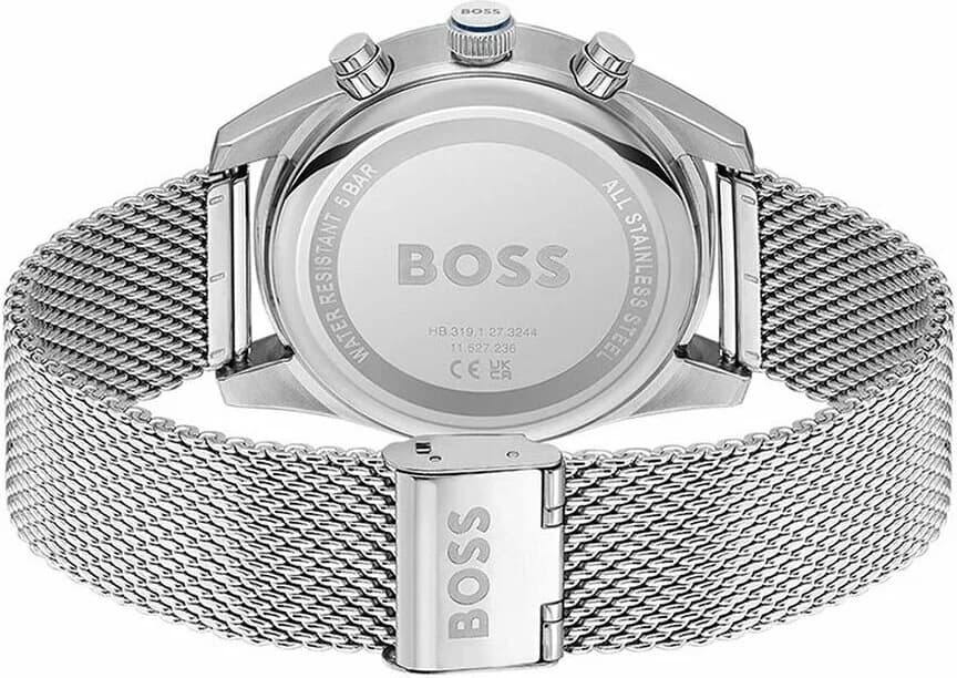 Attache bracelet Hugo Boss 1514149 en acier inoxydable à triple boucle déployante signée, maillons satinés et poli contrasté