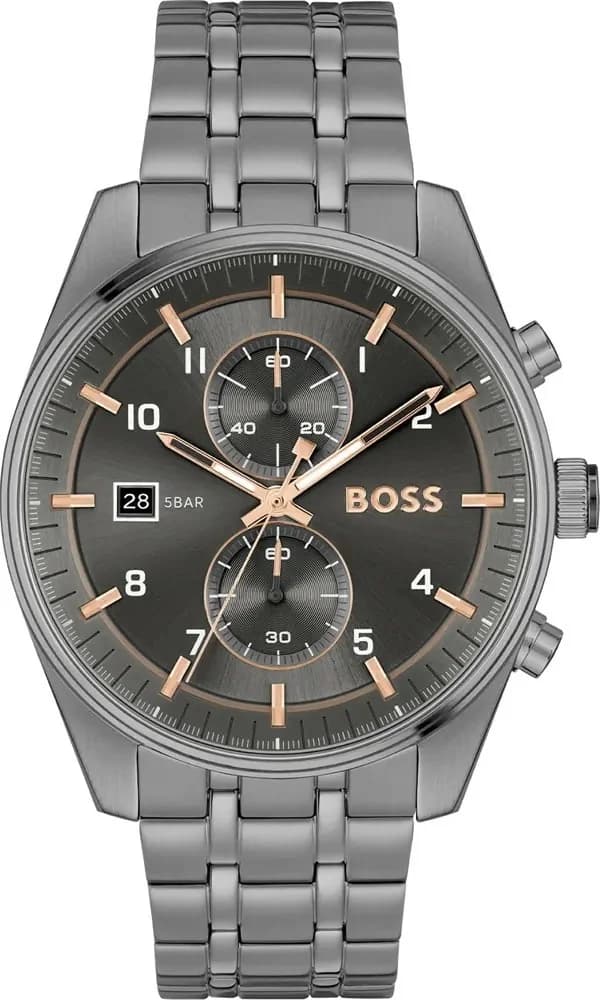 Garde-temps Hugo Boss 1514153 au cadran noir soleillé, acier gris mat et index appliqués luminescents pour lisibilité aéronautique