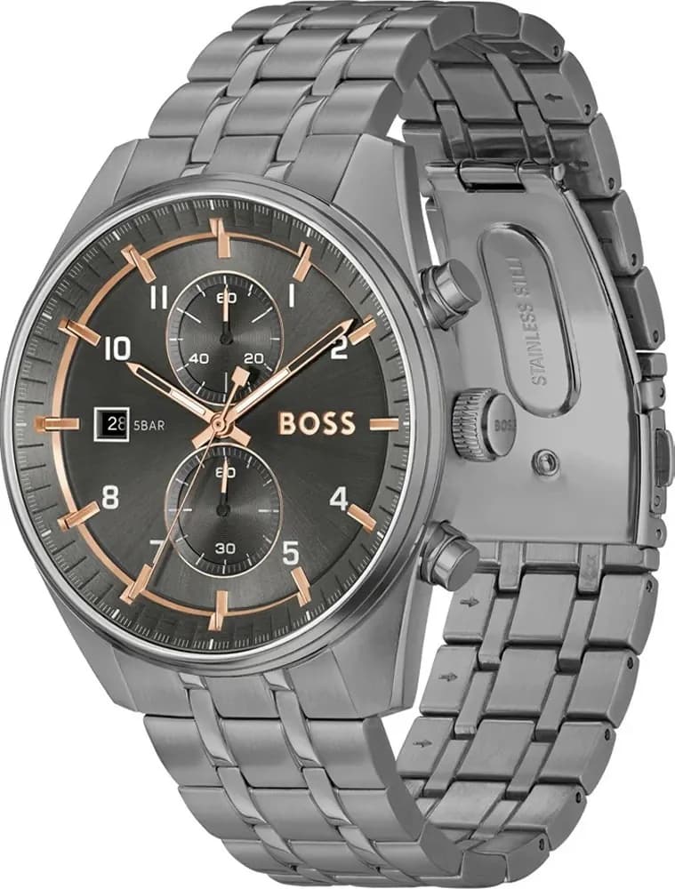 Visage cadran Hugo Boss 1514153 affichant index bâtons polis, aiguilles squelettes et guichet date à 3 heures sous glace saphir