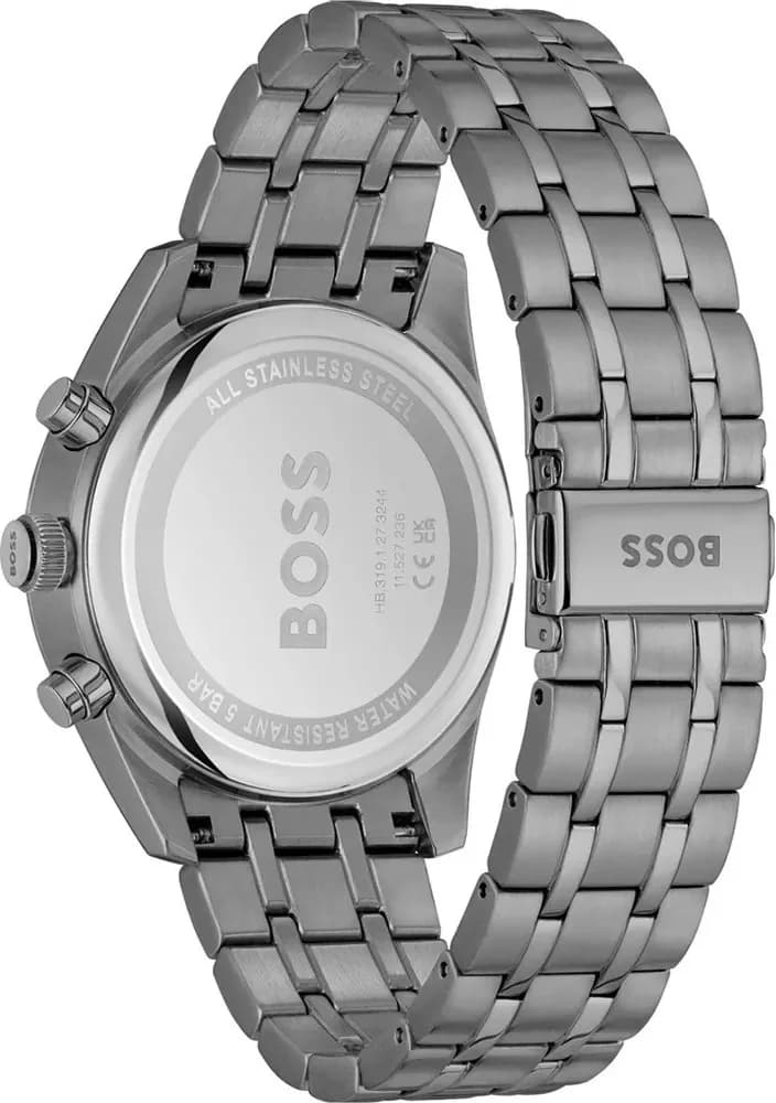 Attache bracelet Hugo Boss 1514153 en acier gris mat avec boucle déployante, maille milanaise souple ajustable pour confort durable