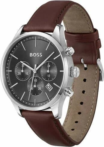 Visage cadran Hugo Boss 1514155 dévoile index bâton polis, aiguilles dauphine et guichet date à 3h sur fond gris anthracite mat