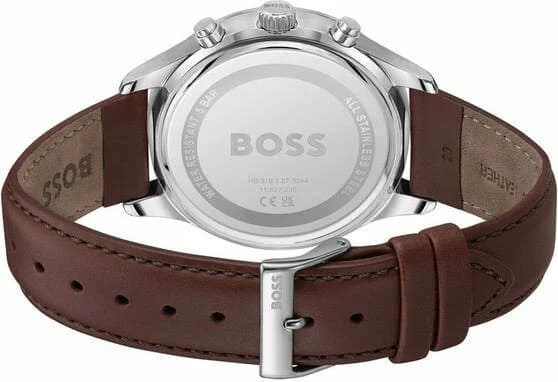 Attache bracelet Hugo Boss 1514155 en cuir marron grainé cousu, boucle ardillon signée Hugo Boss en acier poli