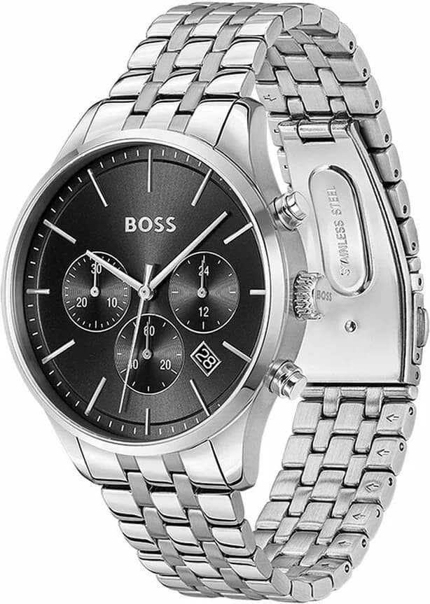 Visage cadran Hugo Boss 1514157 dévoile index bâtons argentés, aiguilles lumineuses et guichet date à 3h