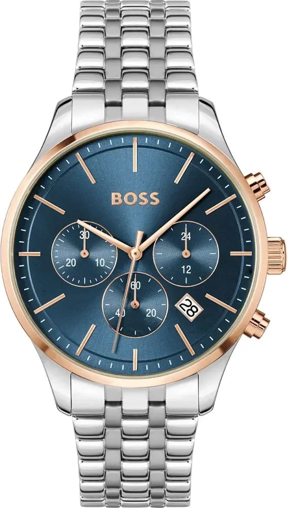 Garde-temps Hugo Boss 1514158 au cadran bleu soleil, aiguilles index bâtons argentés, mouvement quartz précis