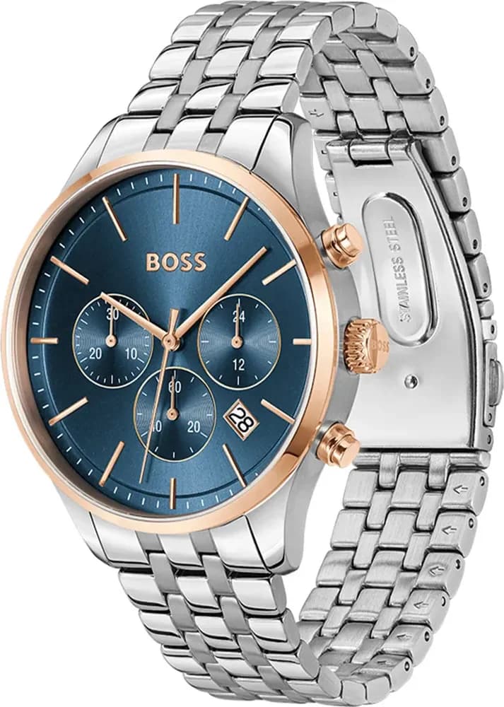 Visage cadran Hugo Boss 1514158 avec index appliqués et aiguilles dauphine polies, guichet date à 3h, fond bleu texturé